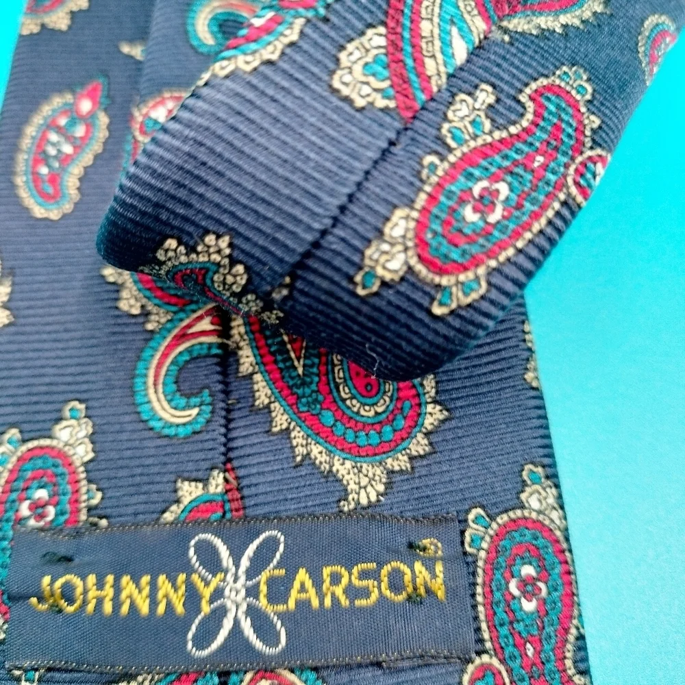 Johnny Carson Vintage Silk Tie Necktie Blue Red Small Paisley Formal Business